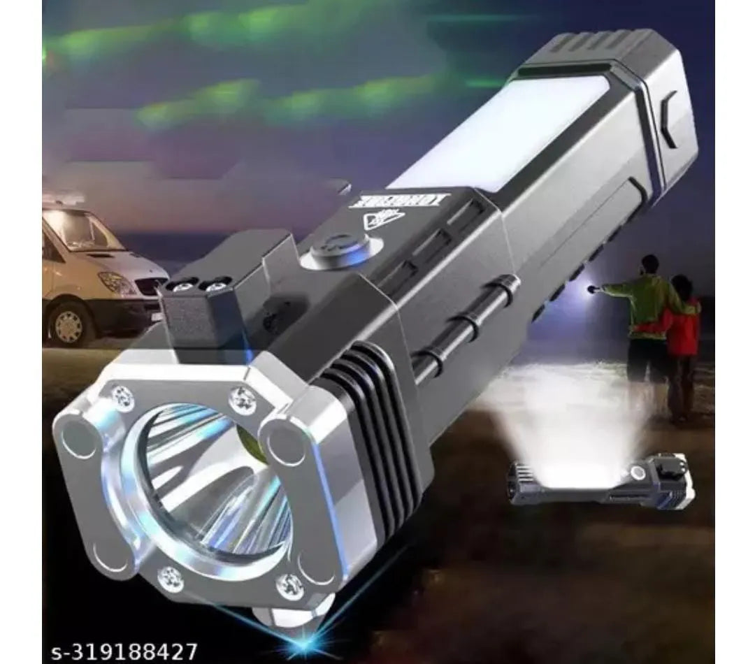 Rechargeable Torch Flashlight Long Distance Beam Range/Car Rescue Torch with Hammer/Window Glass and Seat Belt Cutter/Built in Mobile USB Fast Charger Power Bank