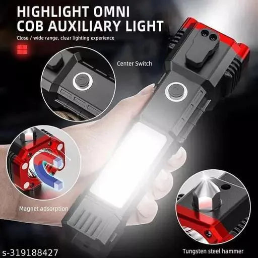Rechargeable Torch Flashlight Long Distance Beam Range/Car Rescue Torch with Hammer/Window Glass and Seat Belt Cutter/Built in Mobile USB Fast Charger Power Bank