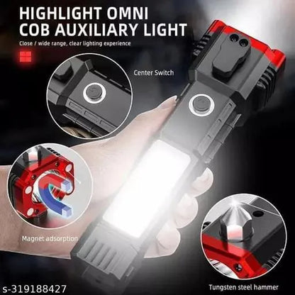 Rechargeable Torch Flashlight Long Distance Beam Range/Car Rescue Torch with Hammer/Window Glass and Seat Belt Cutter/Built in Mobile USB Fast Charger Power Bank