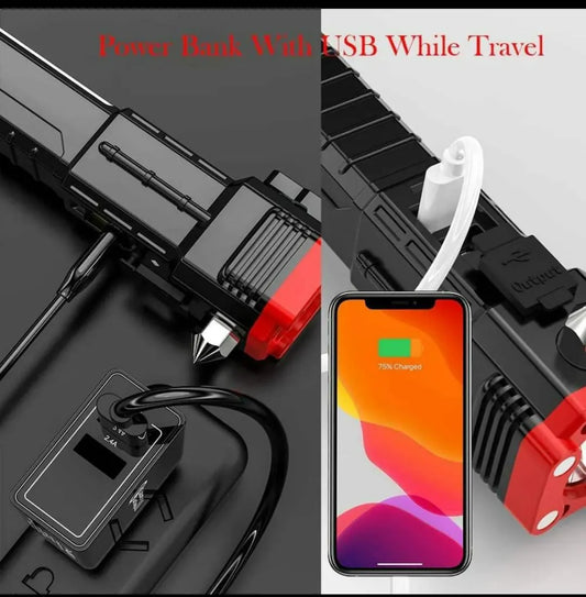 Rechargeable Torch Flashlight Long Distance Beam Range/Car Rescue Torch with Hammer/Window Glass and Seat Belt Cutter/Built in Mobile USB Fast Charger Power Bank